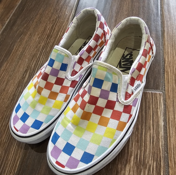 Vans Classic Slip-On Rainbow Checkerboard Sz 7 - Picture 2 of 8